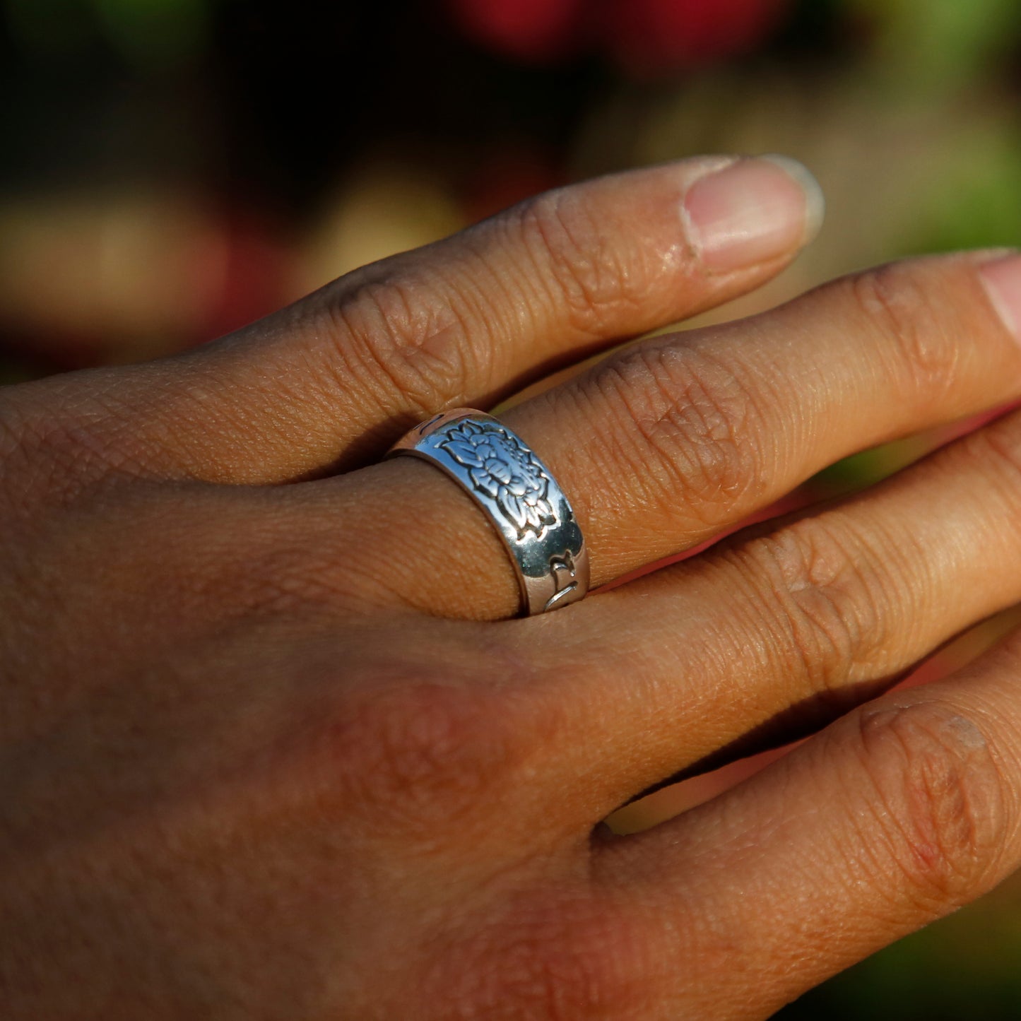 Lotus with Buddhist Prayers Adjustable Sterling Silver Ring, Tibetan Buddhism Ring - ZentralDesigns