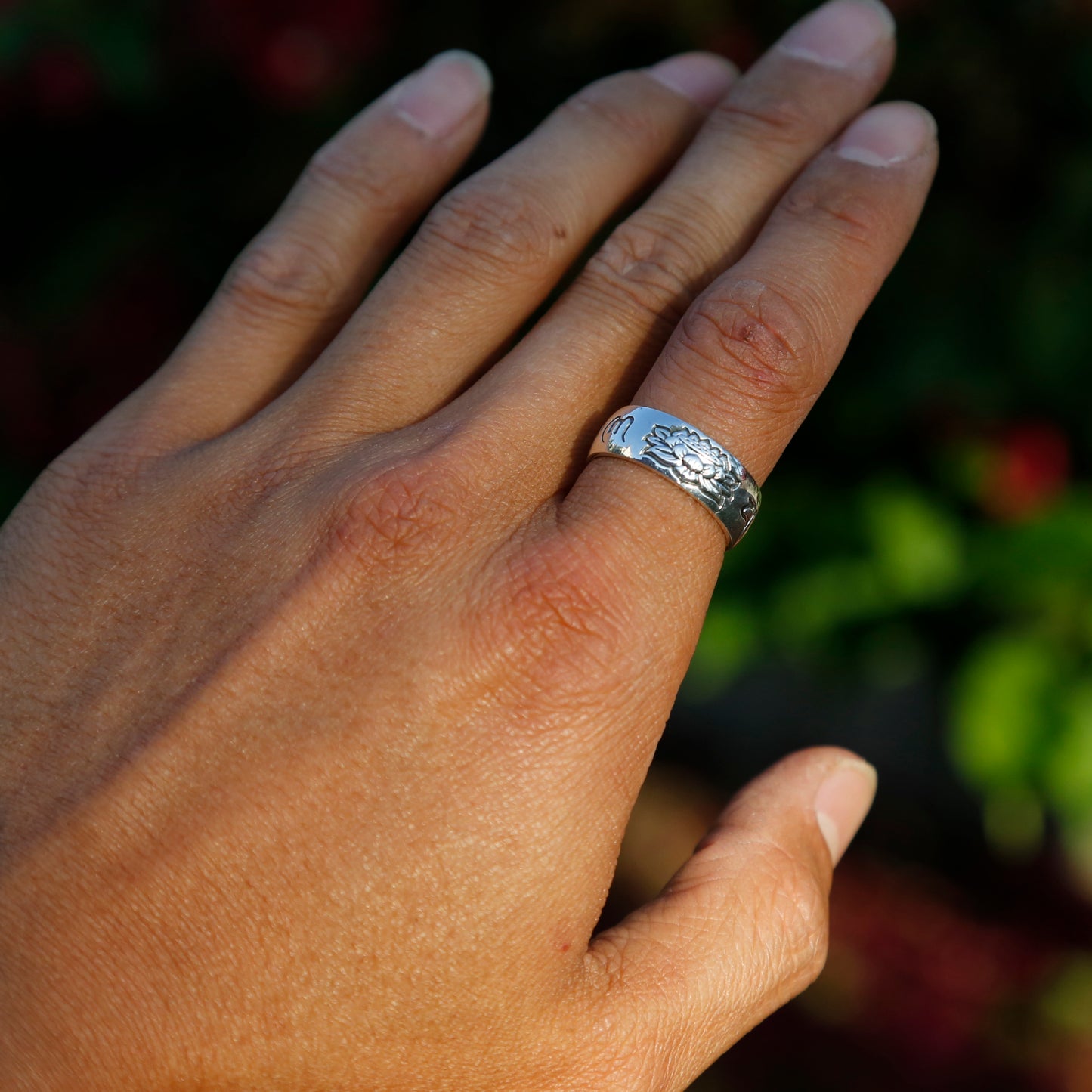 Lotus with Buddhist Prayers Adjustable Sterling Silver Ring, Tibetan Buddhism Ring - ZentralDesigns