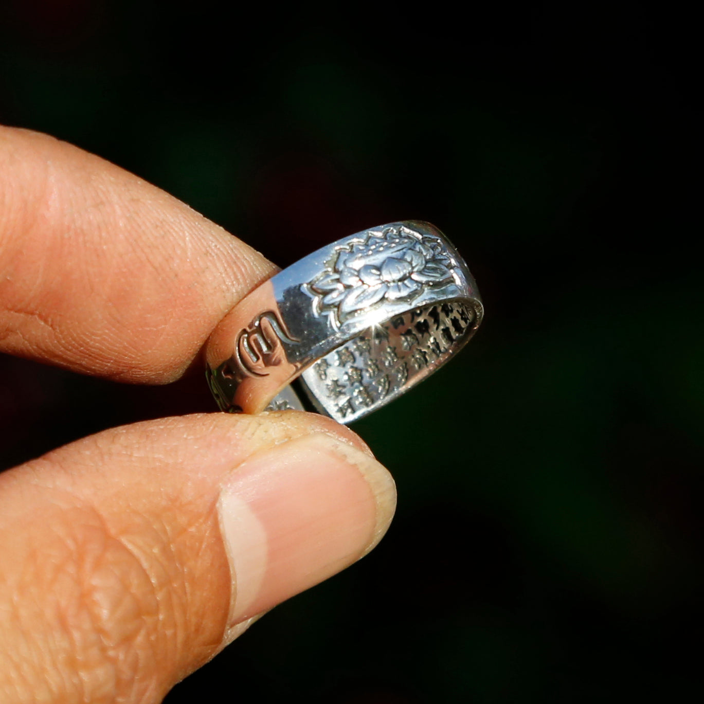 Lotus with Buddhist Prayers Adjustable Sterling Silver Ring, Tibetan Buddhism Ring - ZentralDesigns