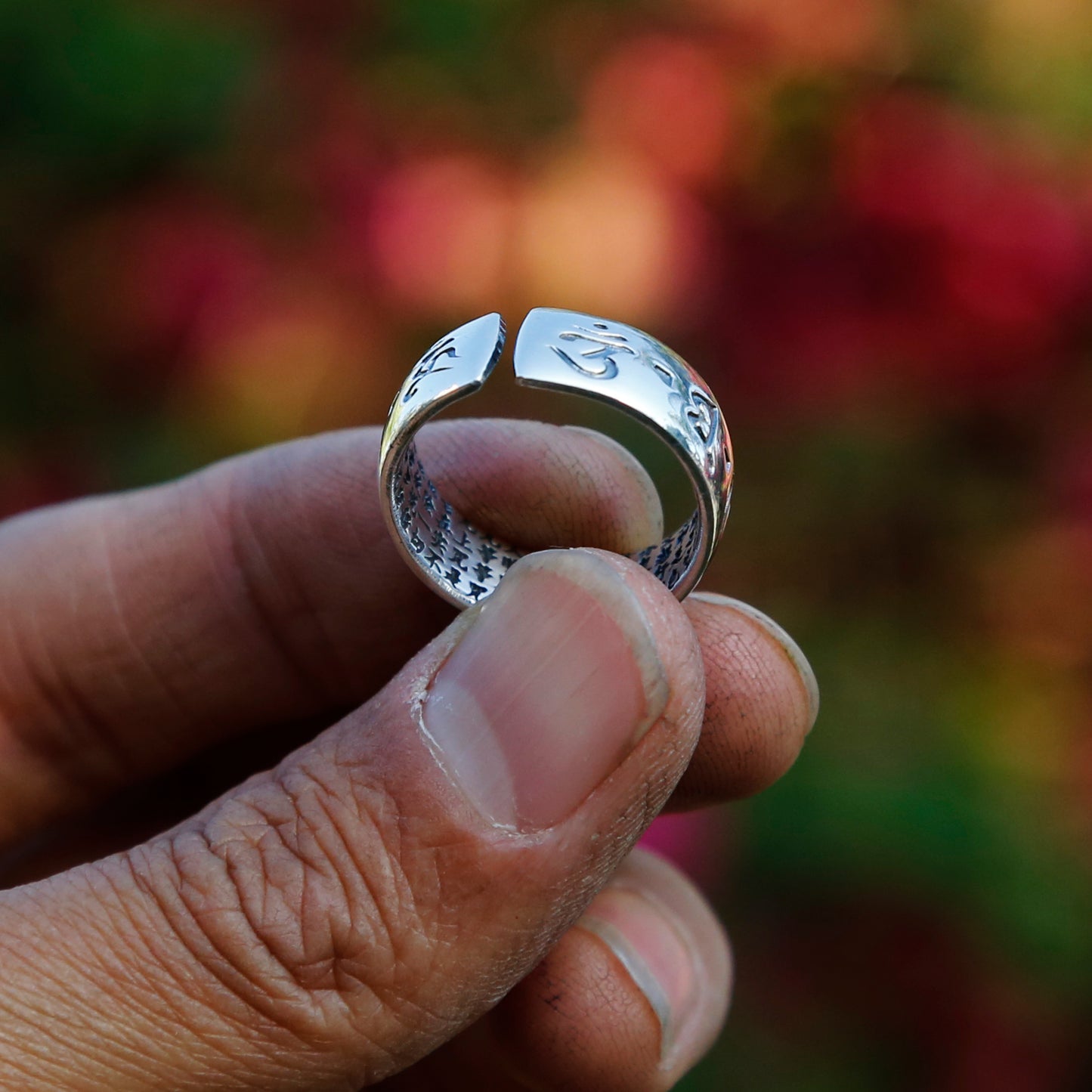 Lotus with Buddhist Prayers Adjustable Sterling Silver Ring, Tibetan Buddhism Ring - ZentralDesigns