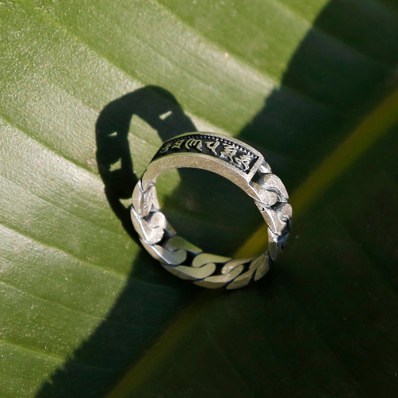 Chain-style Tibetan Prayers Symbols Buddhism Sterling Silver Ring, Buddhist Mens Ring - ZentralDesigns