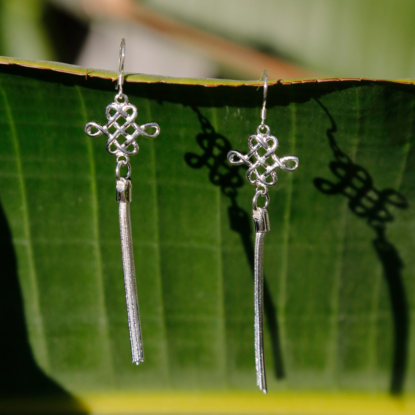 Chinese Lucky Knot Boho Chic Dangle and Drop Silver Earrings - ZentralDesigns