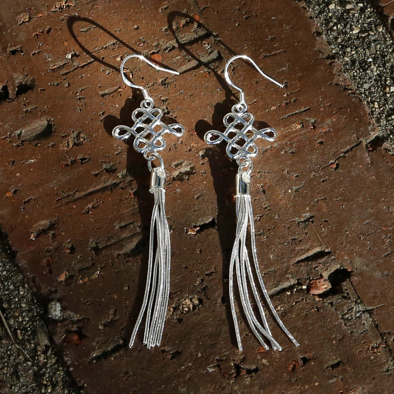 Chinese Lucky Knot Boho Chic Dangle and Drop Silver Earrings - ZentralDesigns