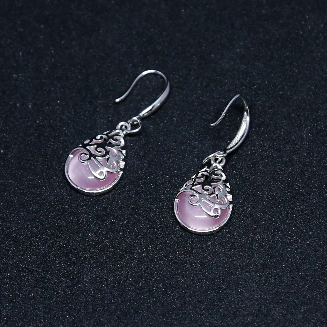 Pink Cat Eye Silver Boho Chic Dangle and Drop Earrings - ZentralDesigns