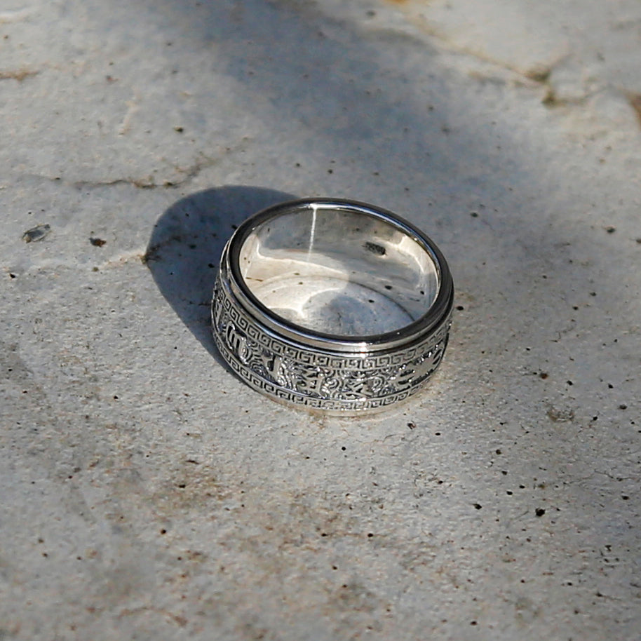 Tibetan Buddhist Symbol Vajra & Prayers Sterling Silver Spinner Ring, Mens Meditation Ring - ZentralDesigns