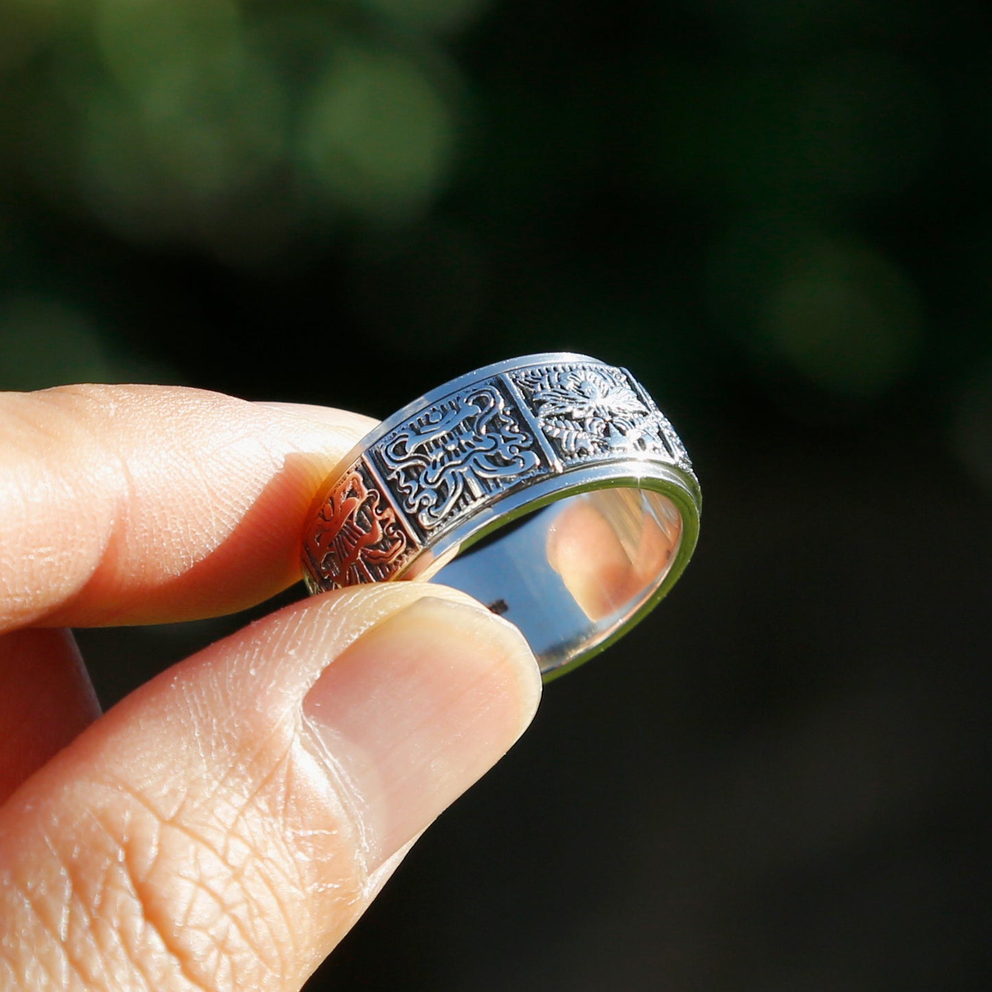 Embossed Tibetan Ashtamangala Sterling Silver Spinner Ring, Eight Auspicious Symbols Ring - ZentralDesigns