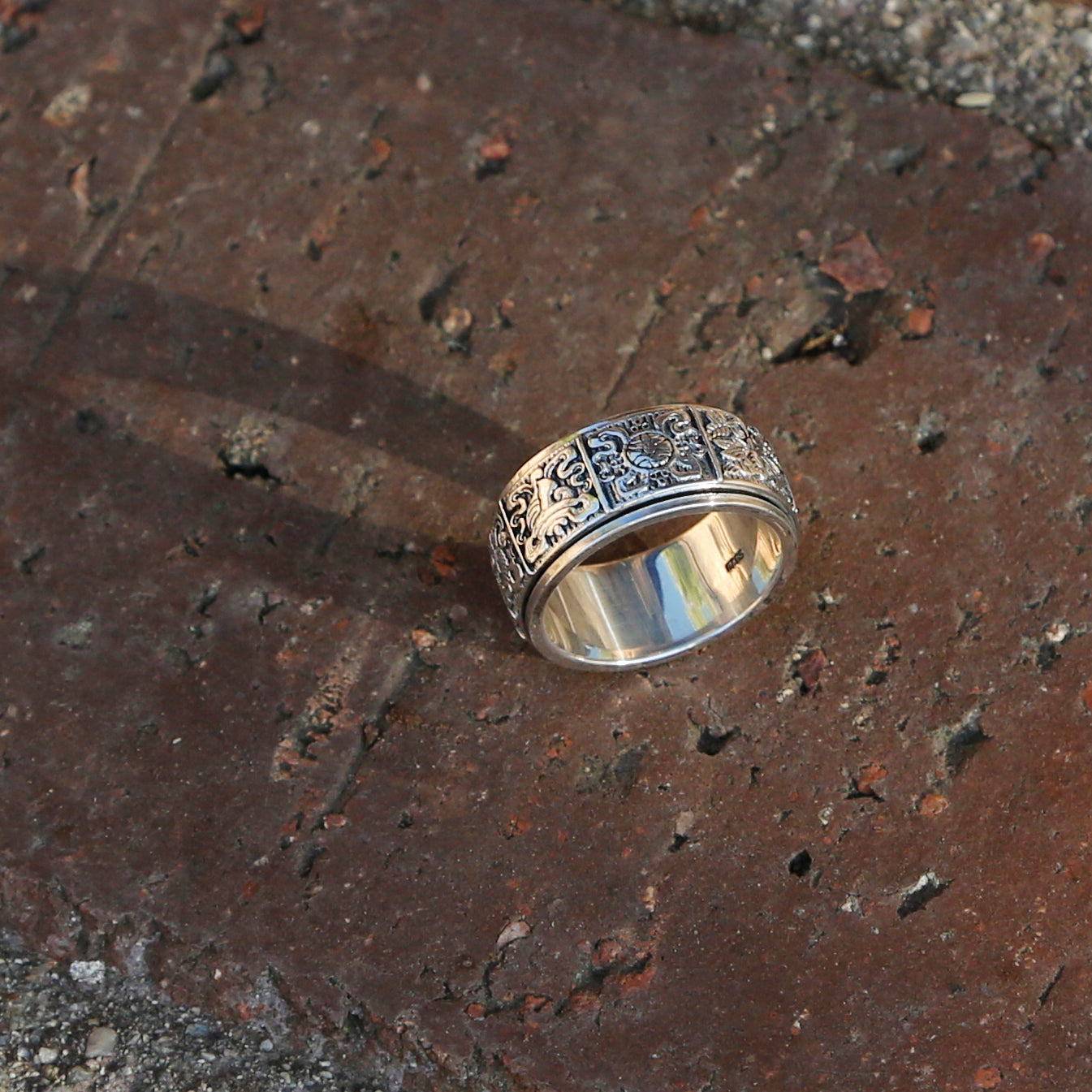 Embossed Tibetan Ashtamangala Sterling Silver Spinner Ring, Eight Auspicious Symbols Ring - ZentralDesigns