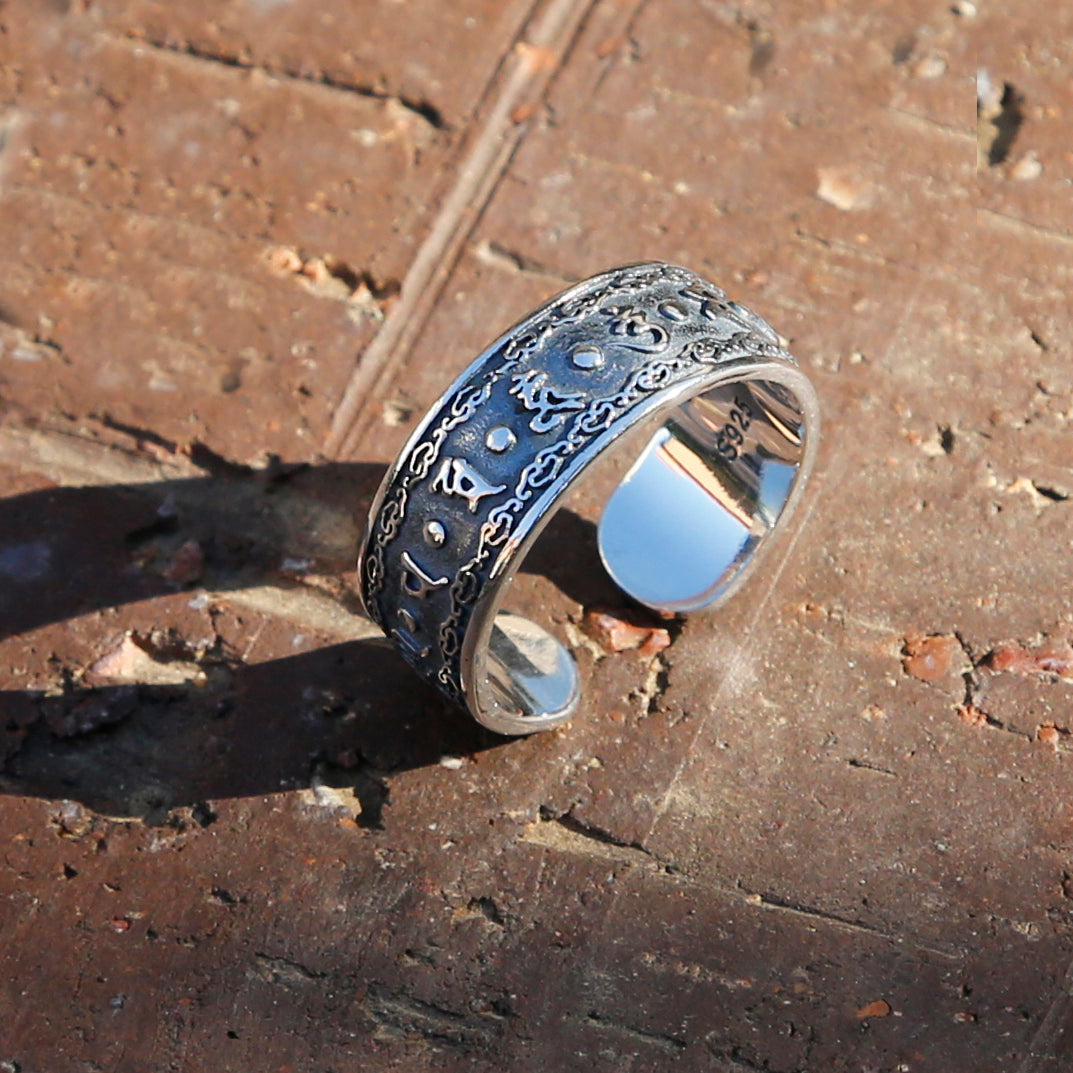 Adjustable Tibetan Buddhist Prayers Sterling Silver Ring, Mens Meditation Ring, Buddhist Symbol Ring - ZentralDesigns