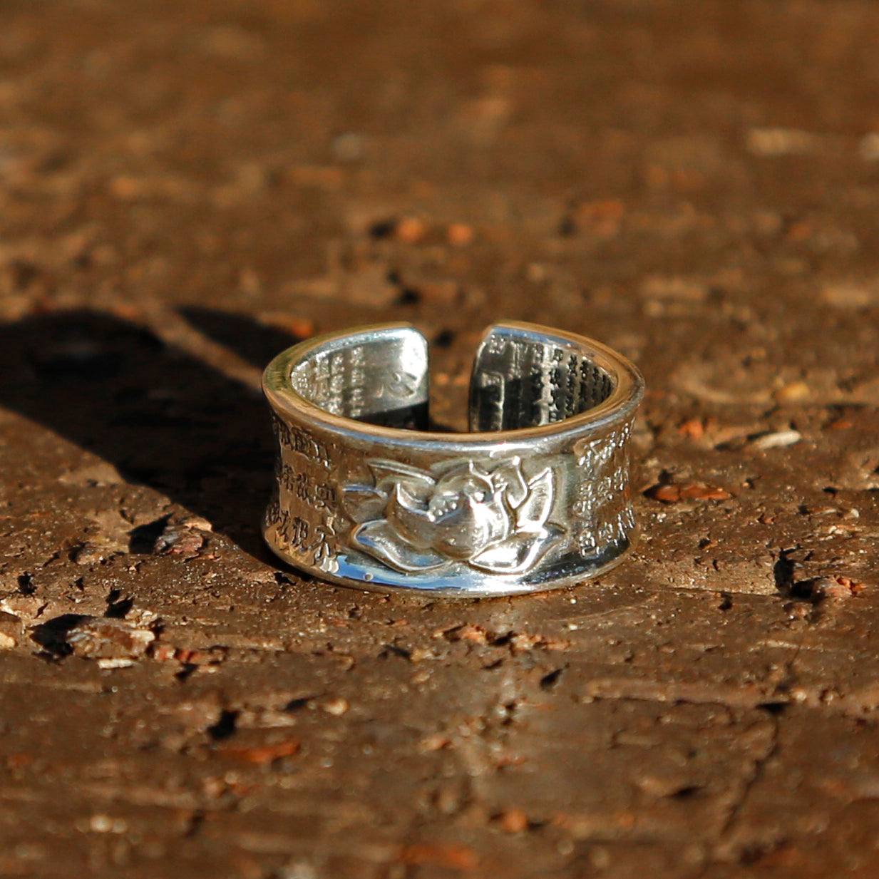 Engraved Lotus with Buddhist Sutra Adjustable Sterling Silver Ring, Tibetan Buddhist Ring, Meditation Ring - ZentralDesigns