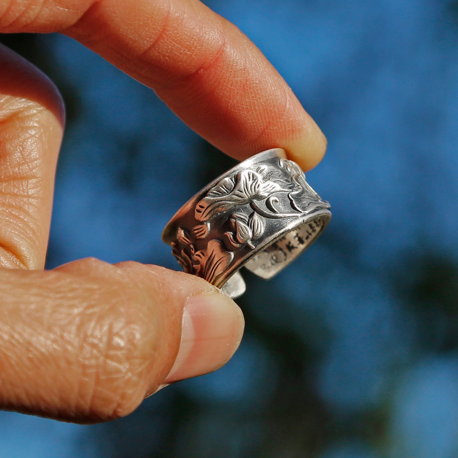 Vintage Style Engraved Lotus Adjustable Silver Ring, Buddhist Sutra Mens Ring - ZentralDesigns