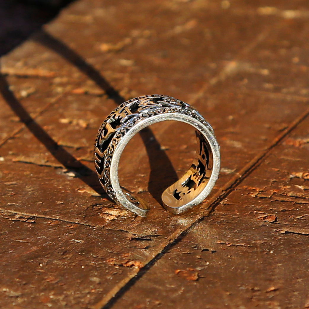 Hollowed-out Tibetan Buddhist Prayer Adjustable Sterling Silver Ring, Mens Meditation Ring, Buddhist Symbol Ring - ZentralDesigns