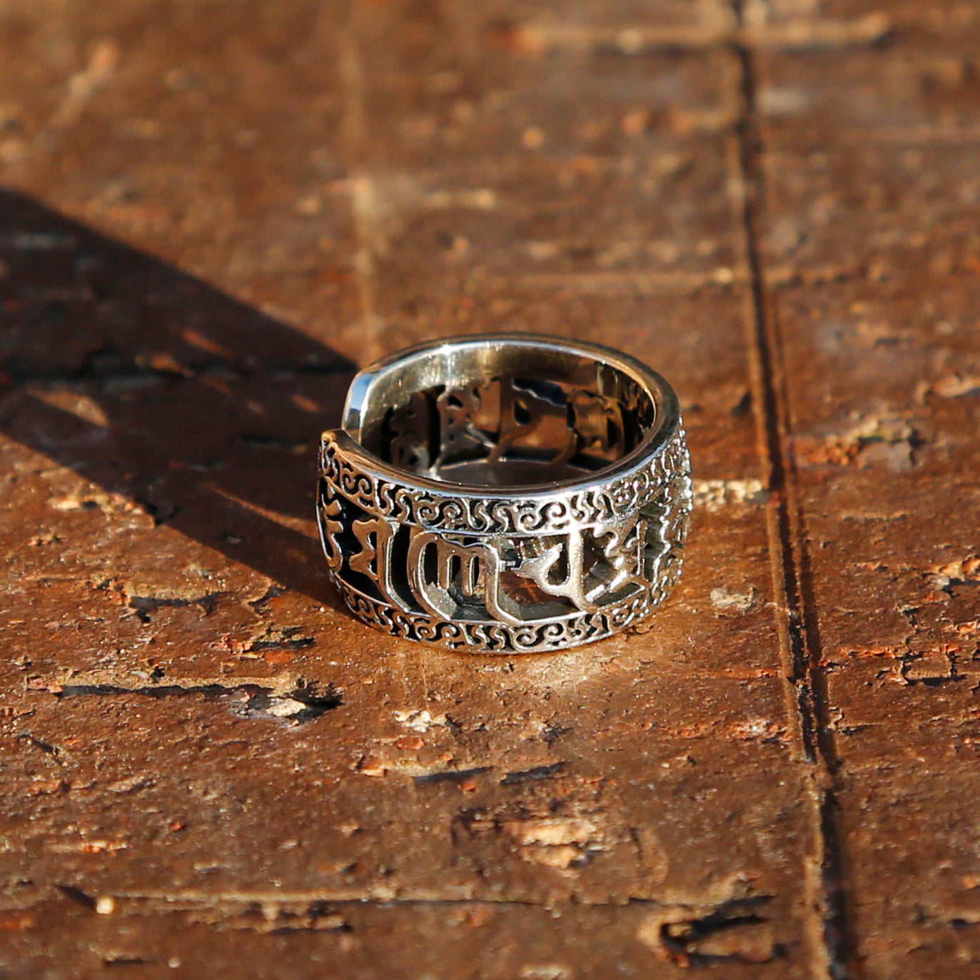 Hollowed-out Tibetan Buddhist Prayer Adjustable Sterling Silver Ring,