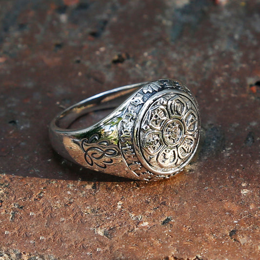 Guan Yin Bodhisattva Buddhist Prayers Symbols Sterling Silver Ring, Tibetan Buddhist Ring.