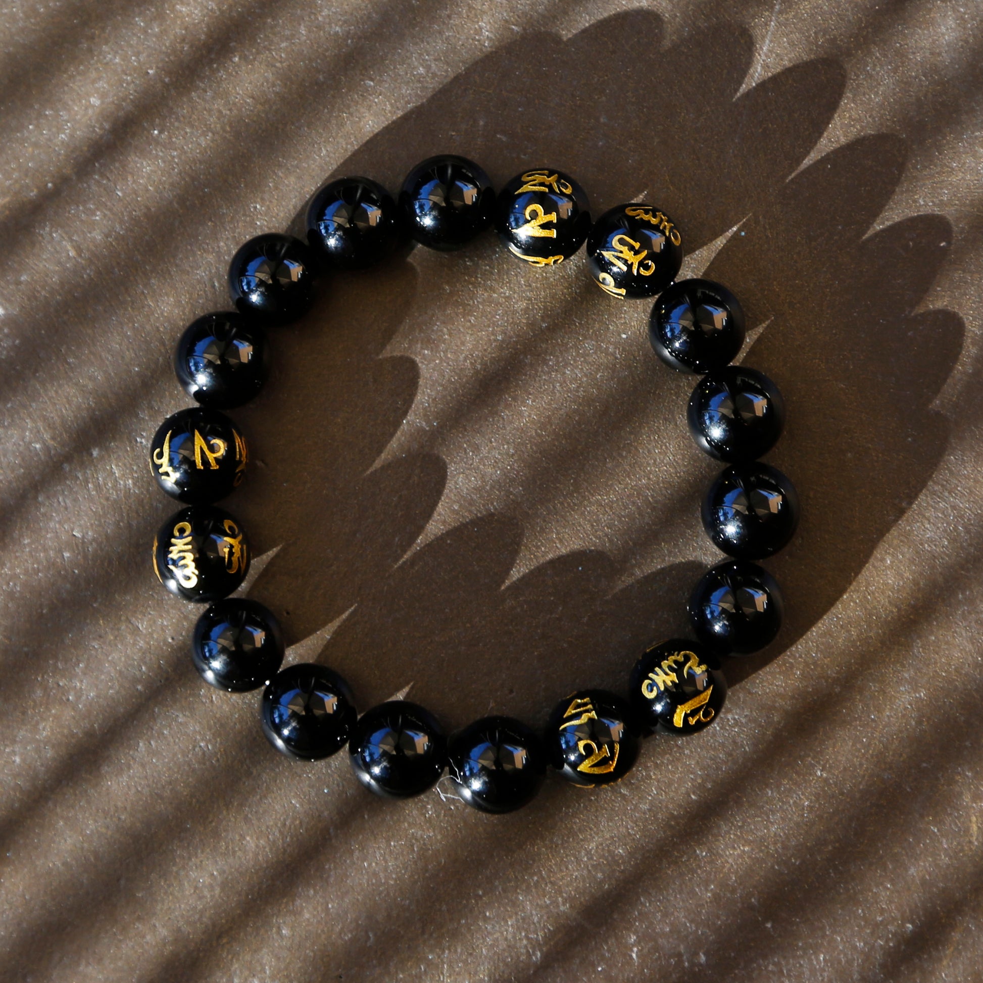 Buddhist Prayers Black Onyx Mens Beaded Bracelet, Tibetan Buddhism Pra