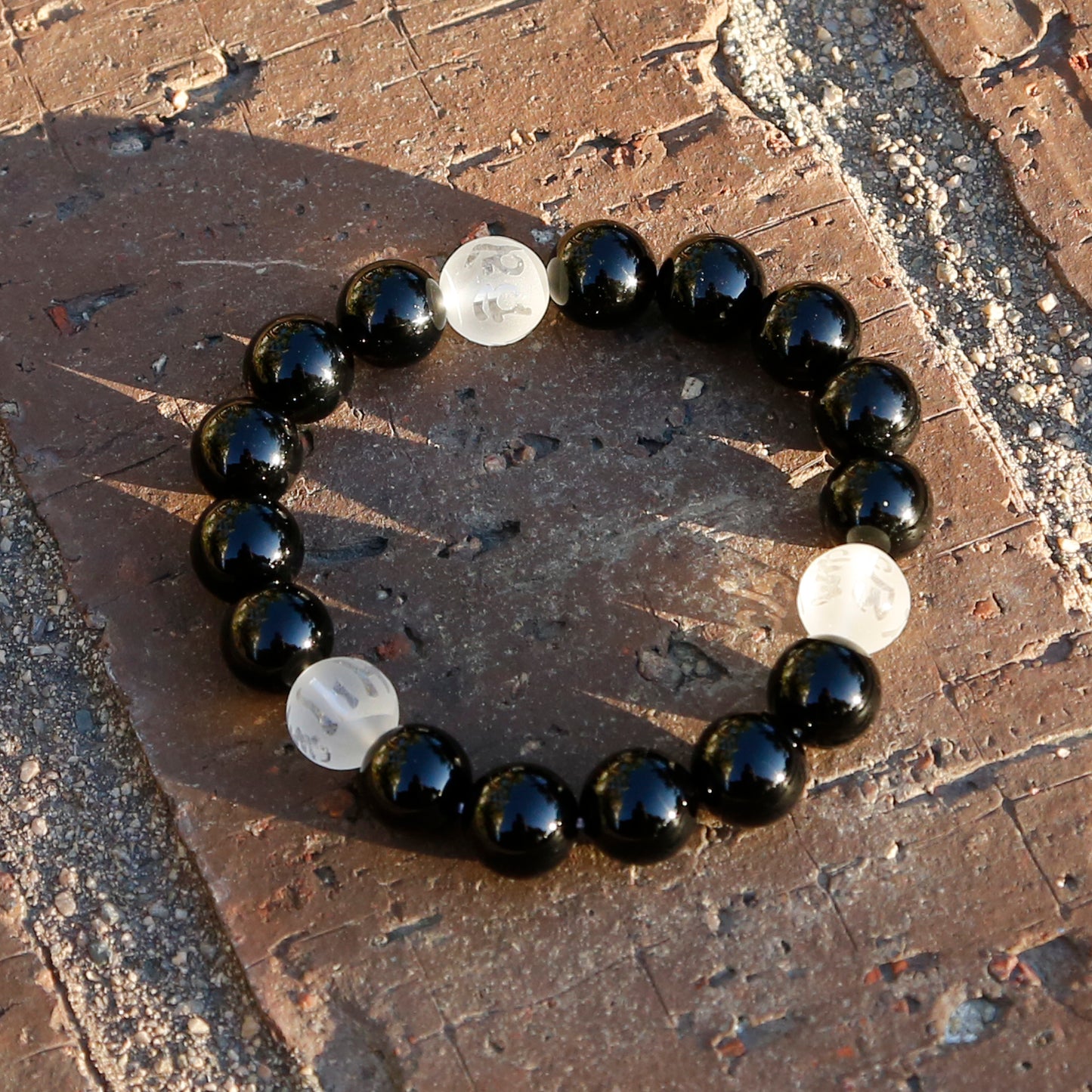 Black and White Tibetan Buddhist Prayers Symbols Beaded Bracelet, Black Onyx and Quartz Mala - ZentralDesigns