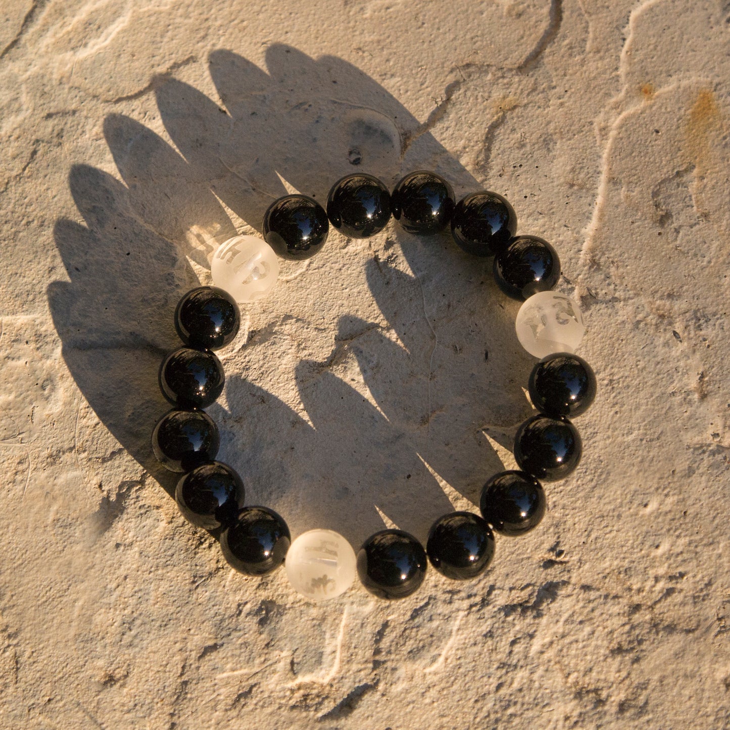 Black and White Tibetan Buddhist Prayers Symbols Beaded Bracelet, Black Onyx and Quartz Mala - ZentralDesigns